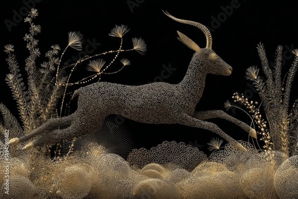 Obraz Intricate Gold and Black Illustration of a Leaping Antelope Surrounded by Delicate Floral Designs and Abstract Patterns