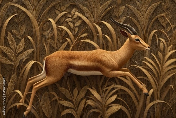 Obraz Elegant Antelope Leaping Through Lush Natural Landscape with Ornate Textures and Warm Earthy Tones