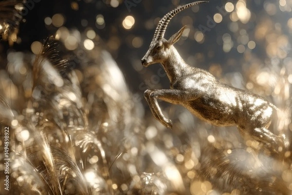 Obraz Stunning golden antelope leaping gracefully through shimmering golden landscape filled with glimmering lights and soft textures