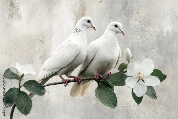 Obraz Two Elegant White Birds Perched on Branch with Blossoming Flowers Against Soft Background