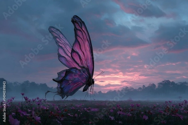 Obraz Majestic Butterfly in Enchanted Field at Dusk with Vibrant Colors and Soft Glowing Light
