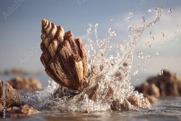 Obraz Unique seashell emerging from water with splashes and rocks in background under clear sky during sunny day in coastal environment