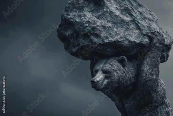 Obraz Majestic Bear Supports Heavy Rock in Atmospheric Landscape Under Dramatic Sky