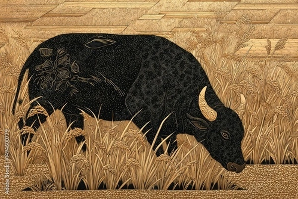 Obraz Black Water Buffalo Grazing in Golden Rice Field Surrounded by Lush Green Grass and Intricate Patterns