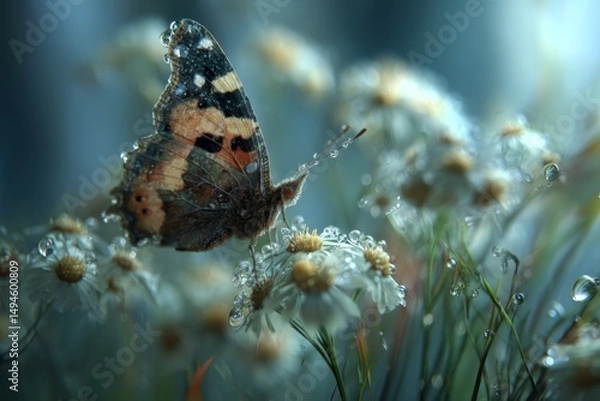 Obraz Majestic butterfly perched on delicate flower petals adorned with glistening dew in a serene natural environment