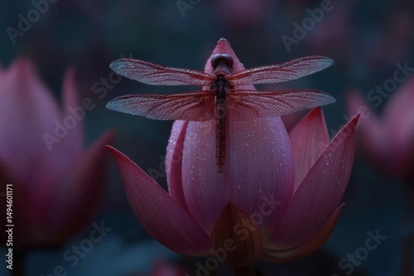 Obraz Delicate Dragonfly Perched on a Lotus Blossom Surrounded by Mist and Dew in a Serene Garden Setting at Dawn