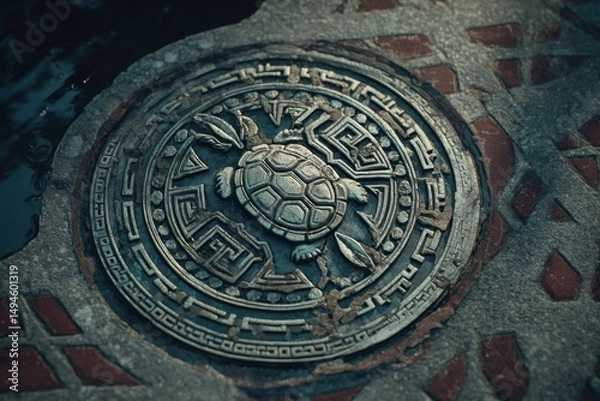 Obraz Intricate Bronze Turtle Emblem Set in a Decorative Stone Pavement with Geometric Patterns and Natural Elements
