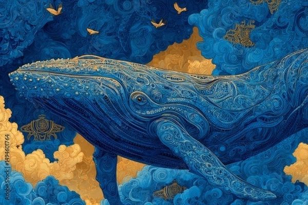 Obraz Intricate Blue Whale Swimming Through Vibrant Ocean with Golden Accents and Cloudy Background