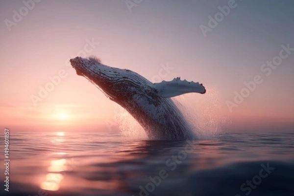 Obraz Majestic Humpback Whale Breaching Out of Calm Ocean Waters at Sunset with Vibrant Sky Colors
