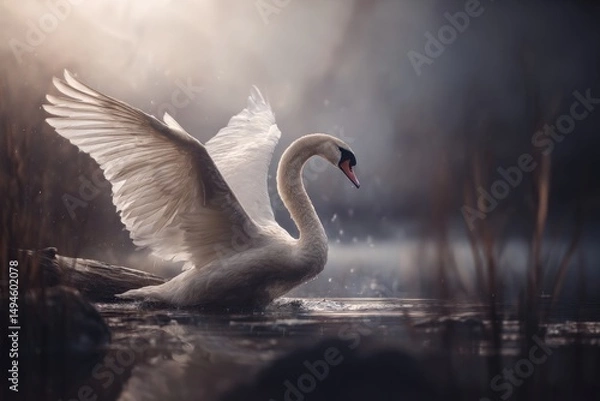 Obraz Majestic Swan Spreading Wings in Tranquil Waters Amidst Misty Morning Light, Capturing Nature's Beauty and Serenity
