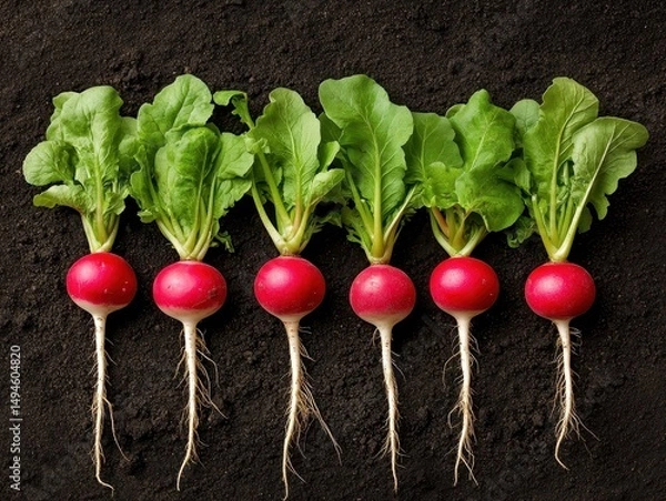Fototapeta Six vibrant red radishes with lush green tops arranged neatly in a row on dark soil