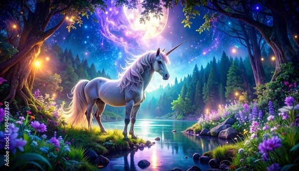 Obraz Majestic Unicorn in a Mystical Forest by a Serene Lake