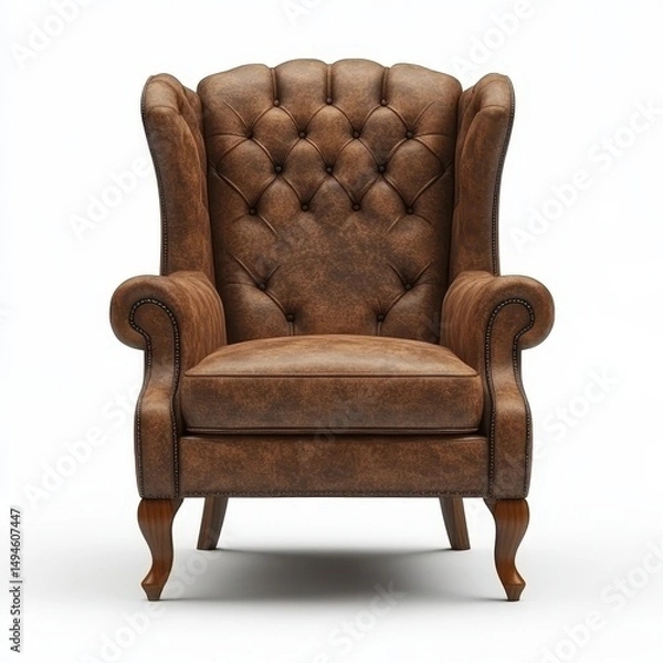 Fototapeta A brown leather wingback armchair with button tufting, high back, and cabriole legs, isolated on a white background