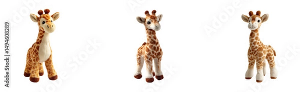 Fototapeta A full-body plushie of a gentle-looking giraffe with brown spots and tiny horns, standing against a transparant background.