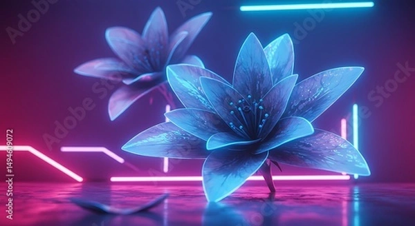 Fototapeta Neon Bloom: Glowing Blue Flowers in a Cyberpunk Setting