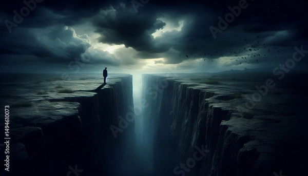Obraz A lone figure standing at the edge of a dark, endless chasm under a stormy sky, symbolizing emotional despair and isolation.