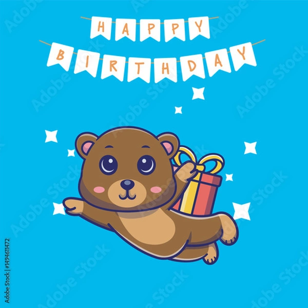 Fototapeta Delightful illustration of a Flying cute bear with a giftbox perfect for adding a touch of whimsy and joy to your design.suitable for various projects,from birtday card