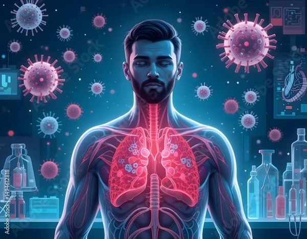 Fototapeta Futuristic medical illustration of a male figure with exposed lungs infected by viruses, surrounded by digital health data and lab equipment, symbolizing respiratory disease and virology research.