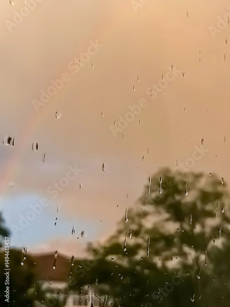 Fototapeta Photo of rain droplets on window with defocused background of rainbow on cloudy sky after rain with golden Sunlight
