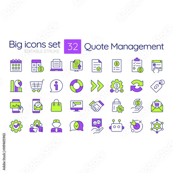 Fototapeta Quote management line color icons set. Workflow organization, documents. Price control, discount. Agreement, negotiation. Vector illustrations. Simple flat colorful symbols collection. Editable stroke