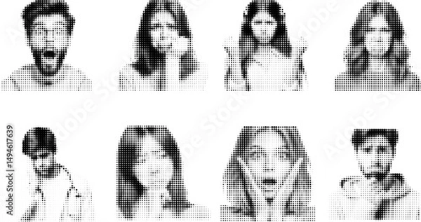 Fototapeta Set of emotions, in halftone dot drawing style. showing different facial expressions: surprise, sadness, anger, disappointment, fear, boredom, confusion and shock. Retro image in comic style. Vector
