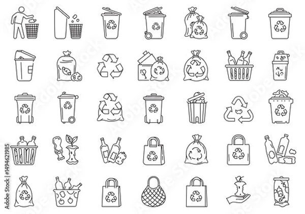 Fototapeta Line art illustration of various waste disposal and recycling icons, showing environmental awareness.