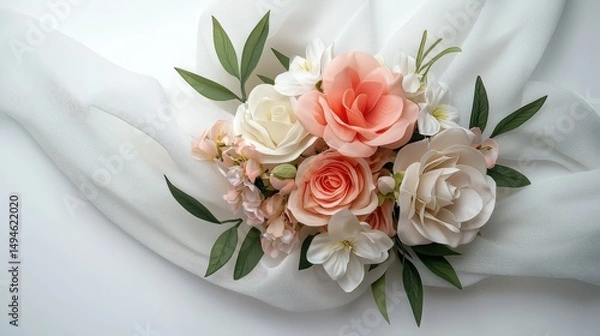 Fototapeta A beautiful arrangement of delicate roses, white blossoms, and lush greenery rests gracefully upon soft, flowing fabric, creating an elegant and serene composition.