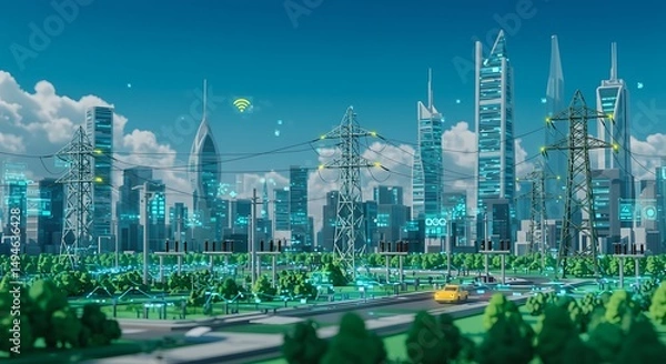 Fototapeta Smart City Power Grid: A Vibrant Low-Poly Metropolis