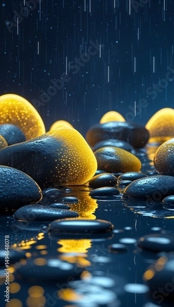 Obraz Yellow glowing pebbles reflecting white rain in a dark blue space wallpaper background vertical design concept