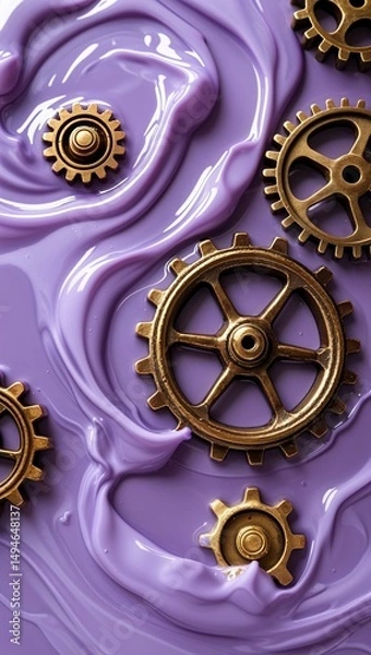 Obraz Antique bronze gears immersed in pastel lavender liquid with swirling motion wallpaper background vertical design concept