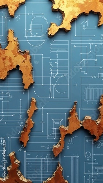 Obraz Baby blue schematics contrasted on golden ochre burnt edges wallpaper background vertical design concept