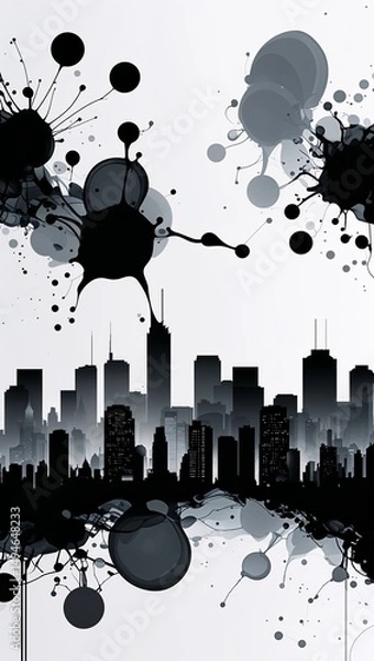 Obraz Black inkblots morphing into a gray city skyline over white background wallpaper background vertical design concept