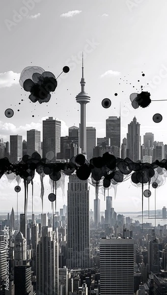 Obraz Black inkblots morphing into a gray city skyline over white background wallpaper background vertical design concept