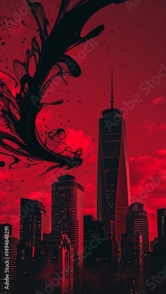 Obraz Black inkblots swirling into dark red skyscrapers against deep red sky wallpaper background vertical design concept