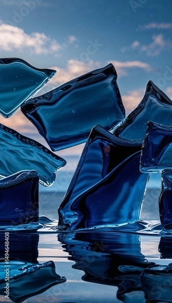 Obraz Blue glass pieces reflecting deep navy sky wallpaper background vertical design concept
