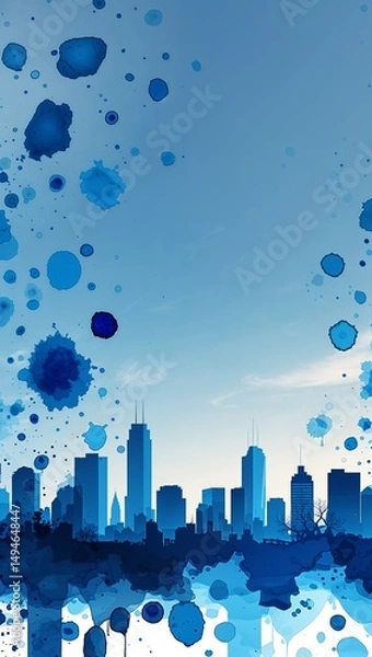 Obraz Blue inkblots blending into a blue city skyline under pale blue sky wallpaper background vertical design concept