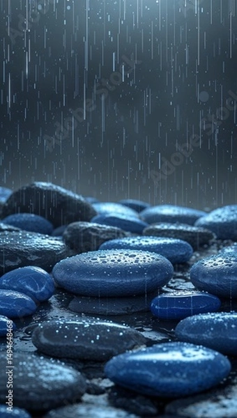 Obraz Blue stones glowing dimly under silver rain in a gray field wallpaper background vertical design concept