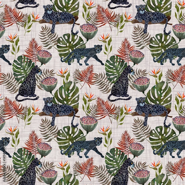 Obraz Elegant seamless pattern featuring a black panther in various poses, tropical leaves, lotus pod, and strelitzia branch on a beige linen-textured background. Perfect for fabric, wallpaper, decor