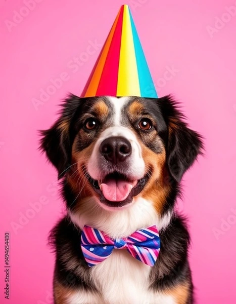 Fototapeta dog in bow tie and party hat. funny card with cute animal.