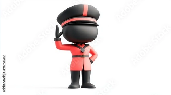 Obraz 3D cartoon figure in a red uniform and hat saluting, standing on a white background.