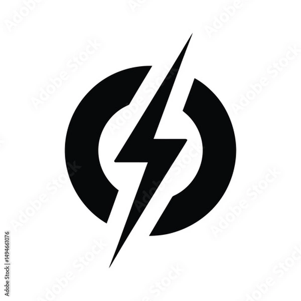 Fototapeta Black Lightning Bolt Symbol Intersecting a Circular Shape on White Background, Minimalist Style