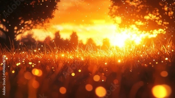 Fototapeta Sunburst meadow, golden hour, sparkling bokeh