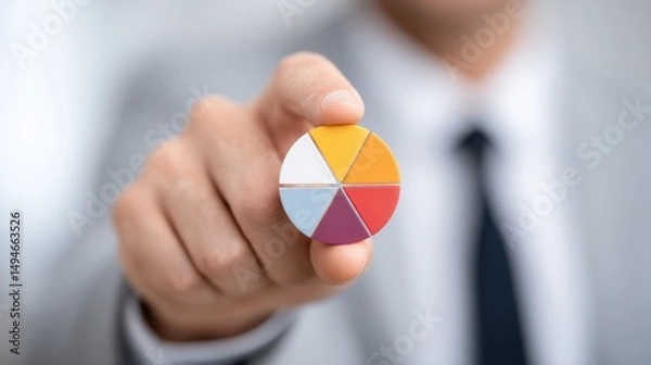 Obraz A pie chart alongside an executive or businessperson, symbolizing business analysis, planning, and evaluation. It reflects investment allocation, competitors, sales, and profit distribution.