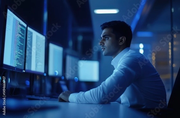 Fototapeta Indian software engineer sitting at a desk in a modern tech office, focused on code on dual monitors