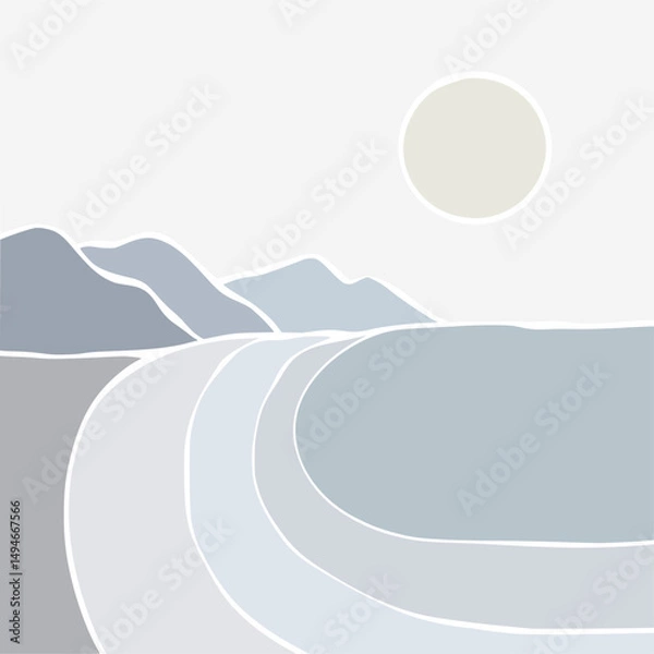 Obraz Hand draw sunset on sea lanscape panorama. Organic shapes matisse style, naive art, contemporary backgrounds. Beach and mountains vector illustration	