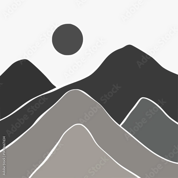 Obraz Abstract lanscape panorama posters. Organic shapes matisse style, naive art, contemporary backgrounds. sun and mountains vector illustration	