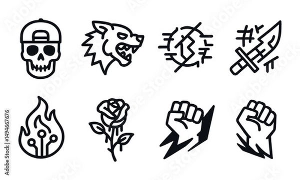 Obraz Tattoo art line icons set – outline, linear, body art and ink design symbols