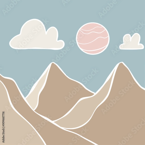 Obraz Abstract lanscape panorama posters. Organic shapes matisse style, naive art, contemporary backgrounds. sun and mountains vector illustration	