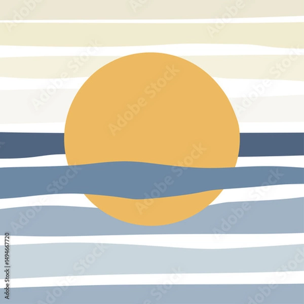 Obraz Hand draw sunset on sea lanscape panorama. Organic doodle shapes matisse style, naive art, contemporary backgrounds. beach and mountains vector illustration	