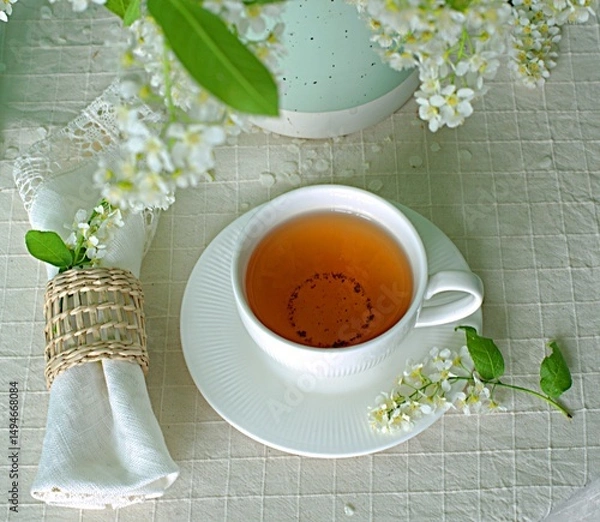 Fototapeta Cup of tea on the table with spring fresh bouquet with white blooming fragrant branches of bird cherry.